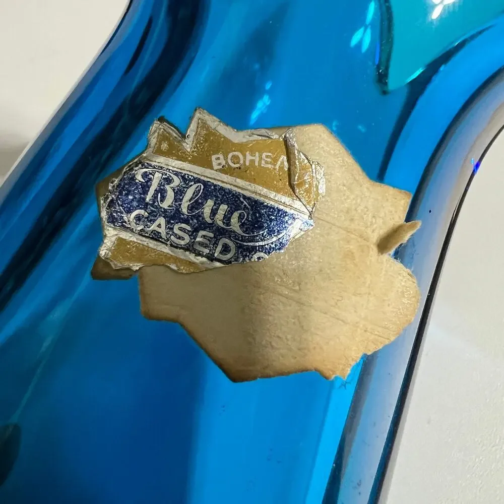 Vintage Capri Blue Case Glass Vase Czech Bohemian Sommerso Hand Blown Art - Picture 6 of 10